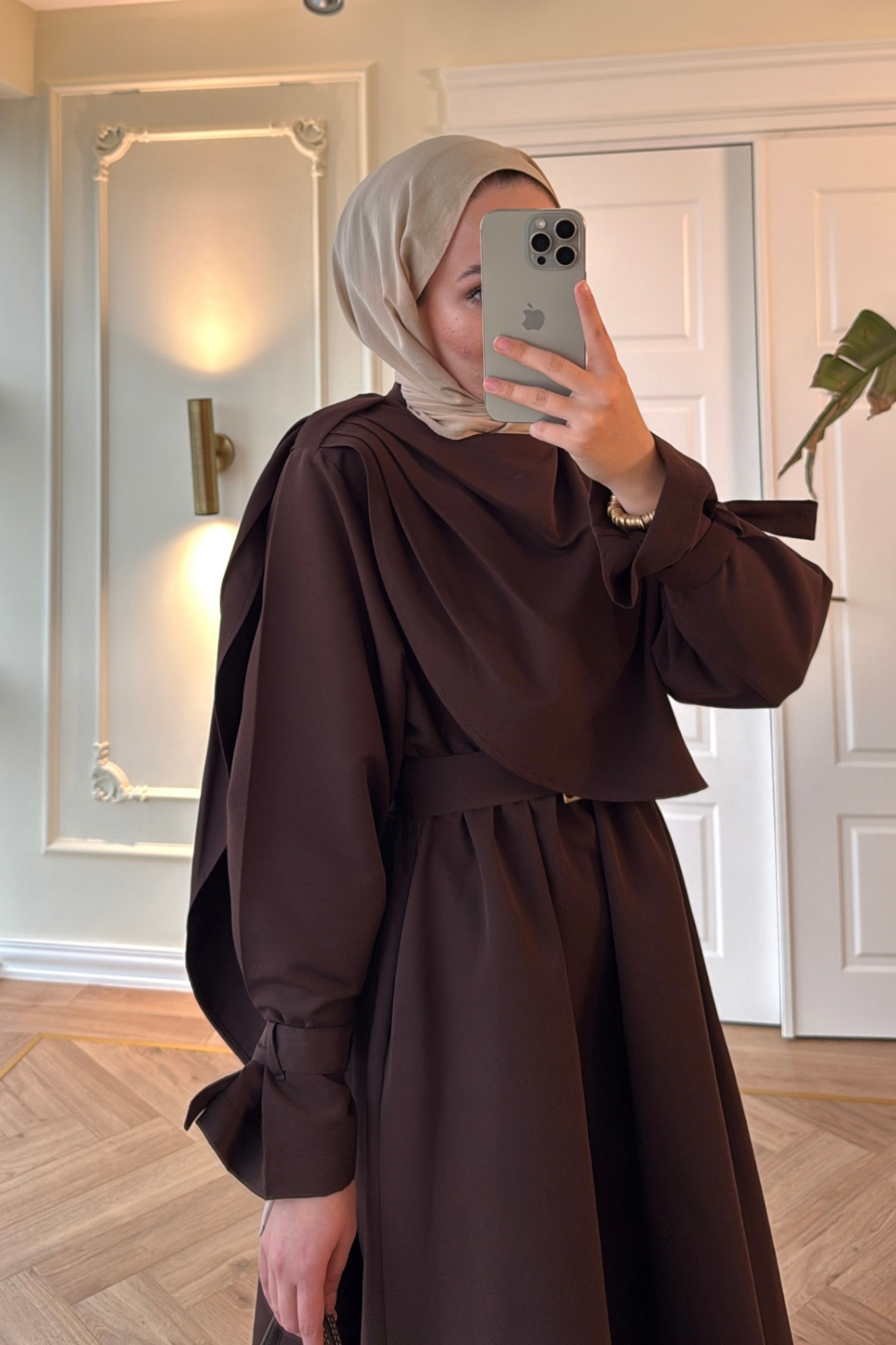 Lezya Şal Detaylı Trenç Elbise-Kahve-8865