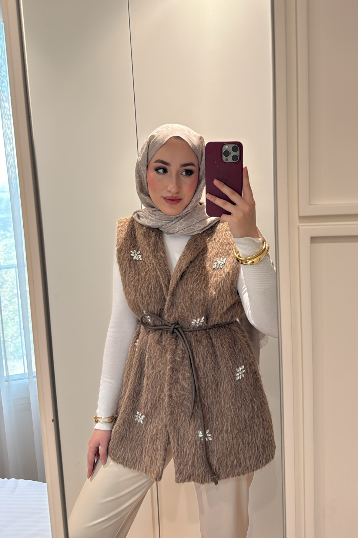 Lucci Kristal Taşlı Kürk Yelek-camel