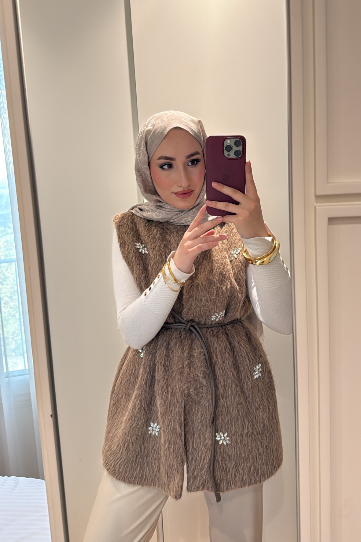 Lucci Kristal Taşlı Kürk Yelek-camel