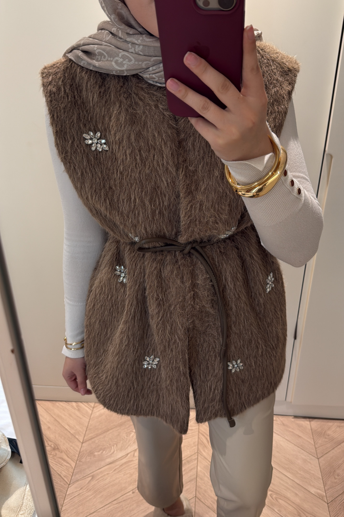 Lucci Kristal Taşlı Kürk Yelek-camel