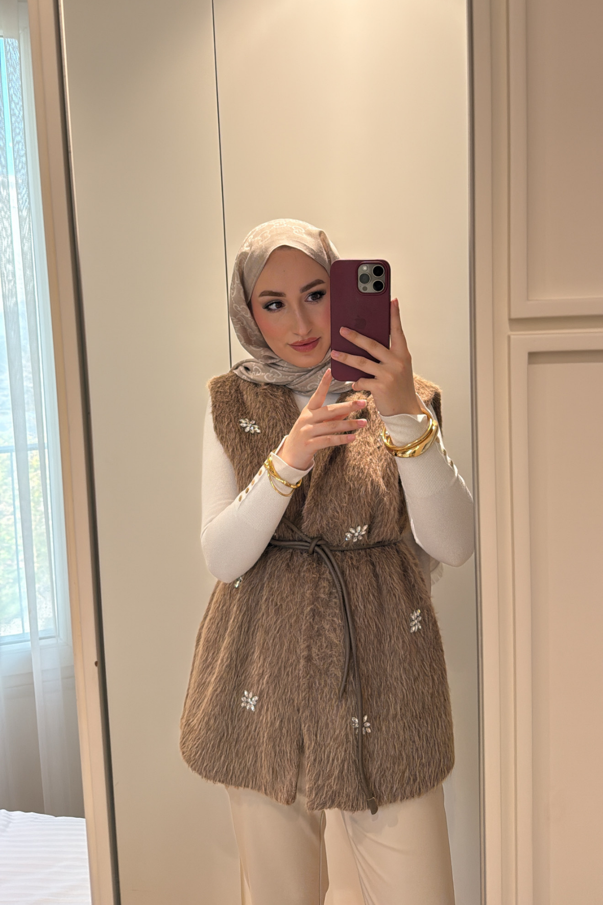 Lucci Kristal Taşlı Kürk Yelek-camel