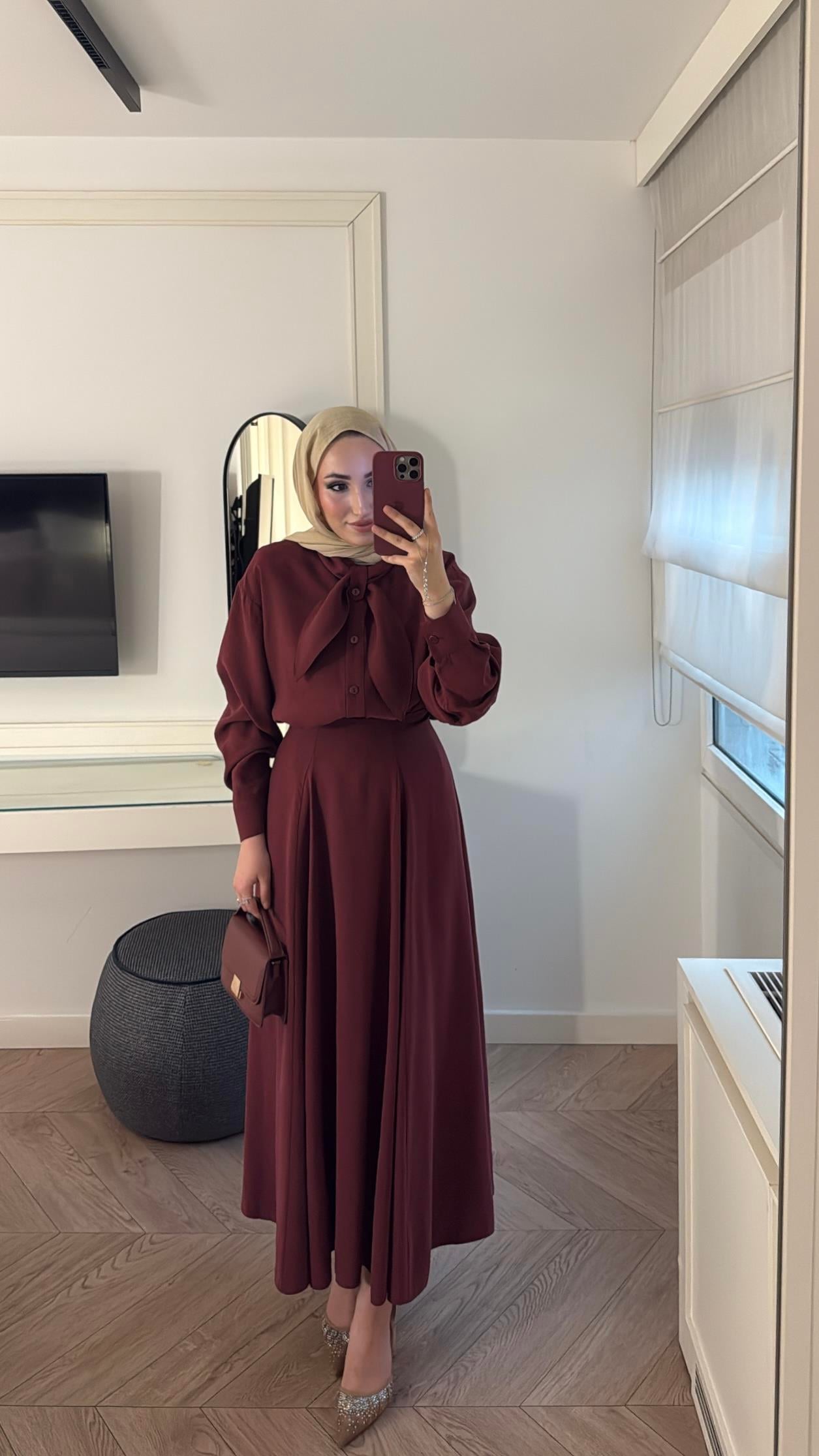 Luna Önden Bağlama Etekli Takım - Bordo