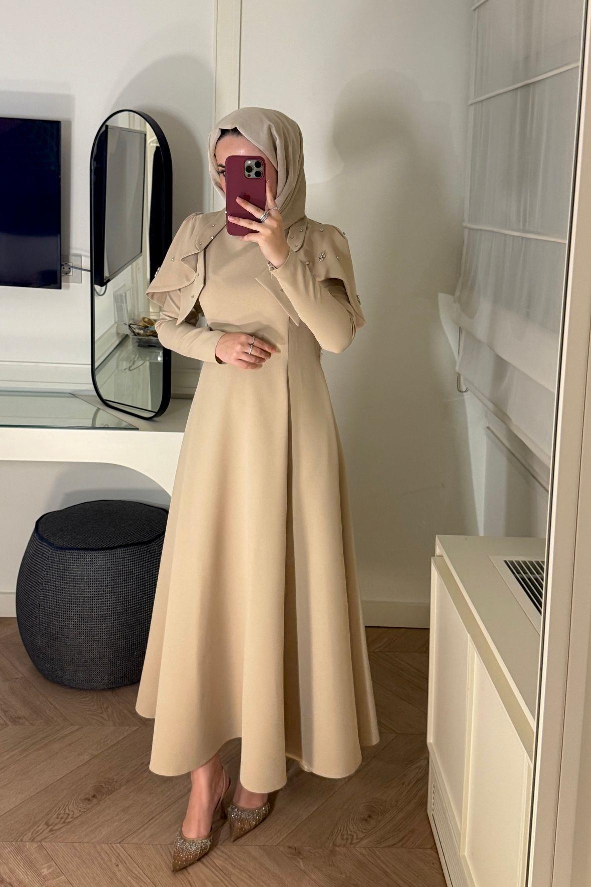 Mavera Taşlı Premium Elbise-Bej 