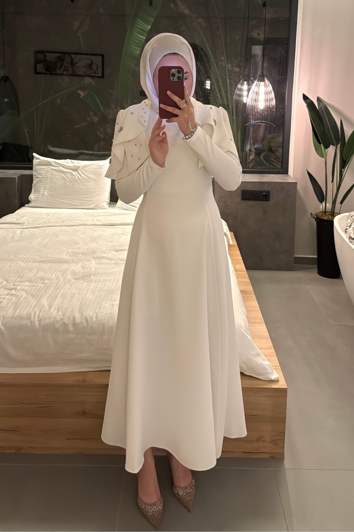Mavera Taşlı Premium Elbise-Beyaz 