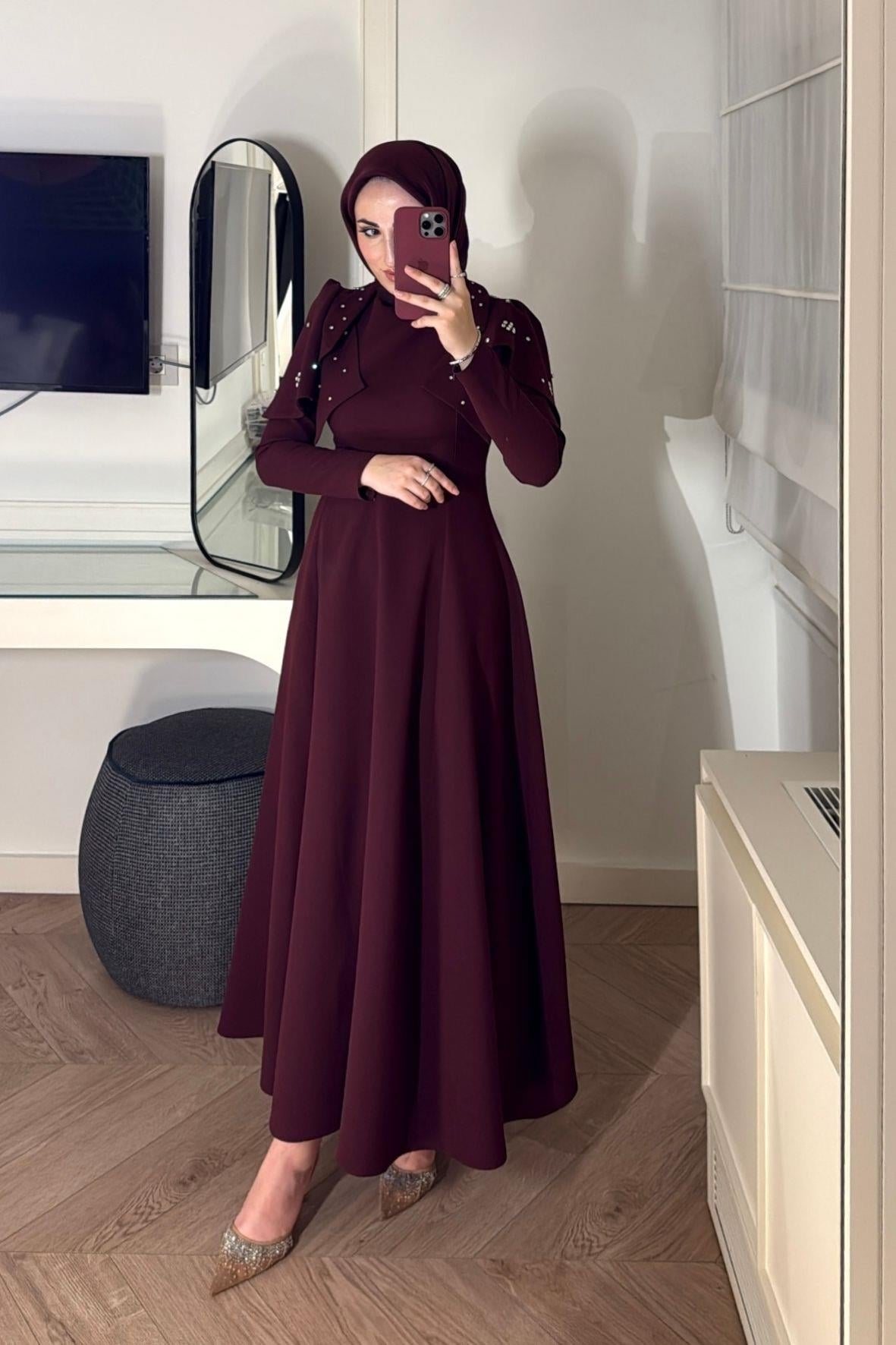 Mavera Taşlı Premium Elbise-Bordo (ÖN SİPARİŞ )