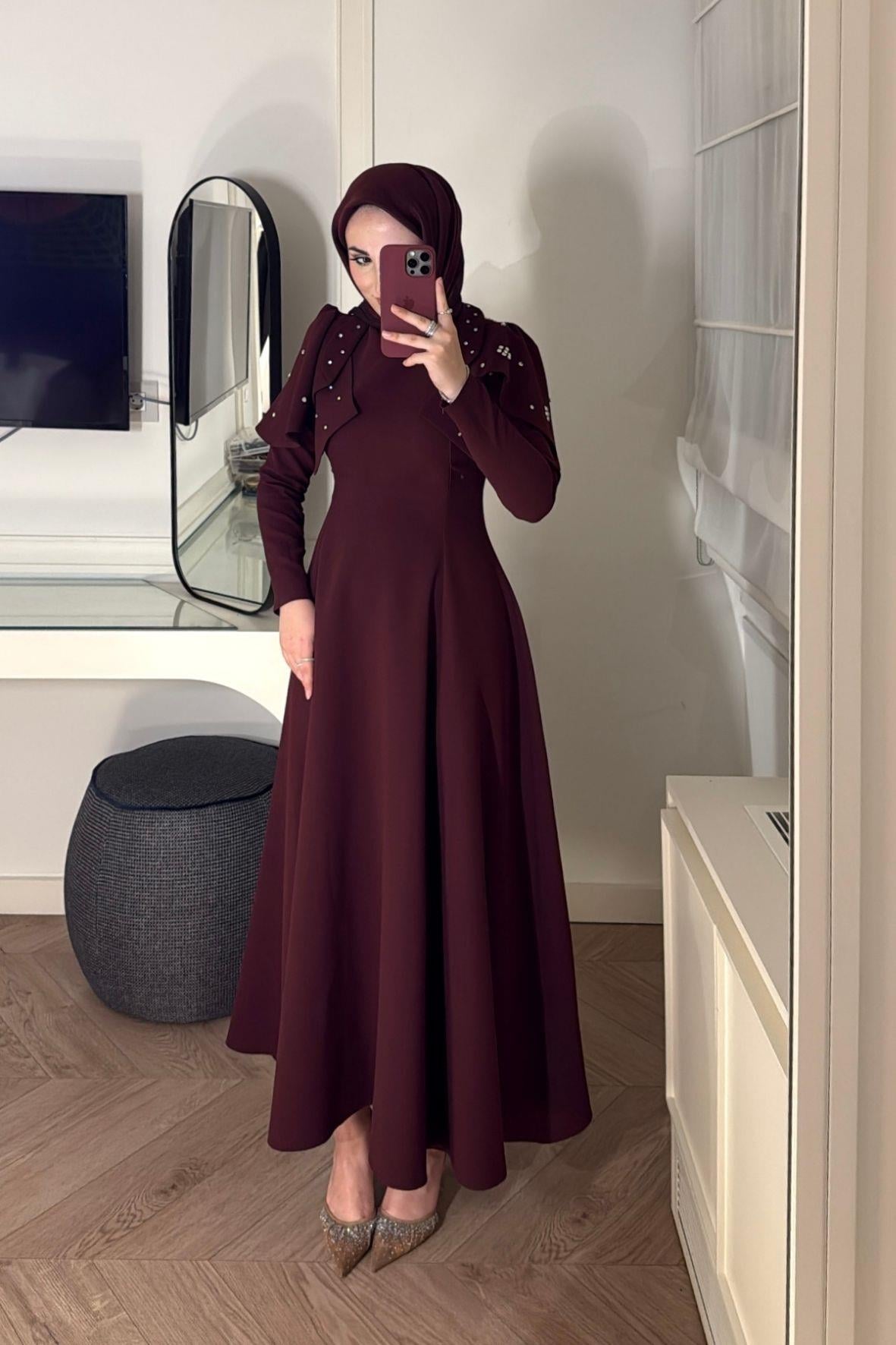 Mavera Taşlı Premium Elbise-Bordo (ÖN SİPARİŞ )