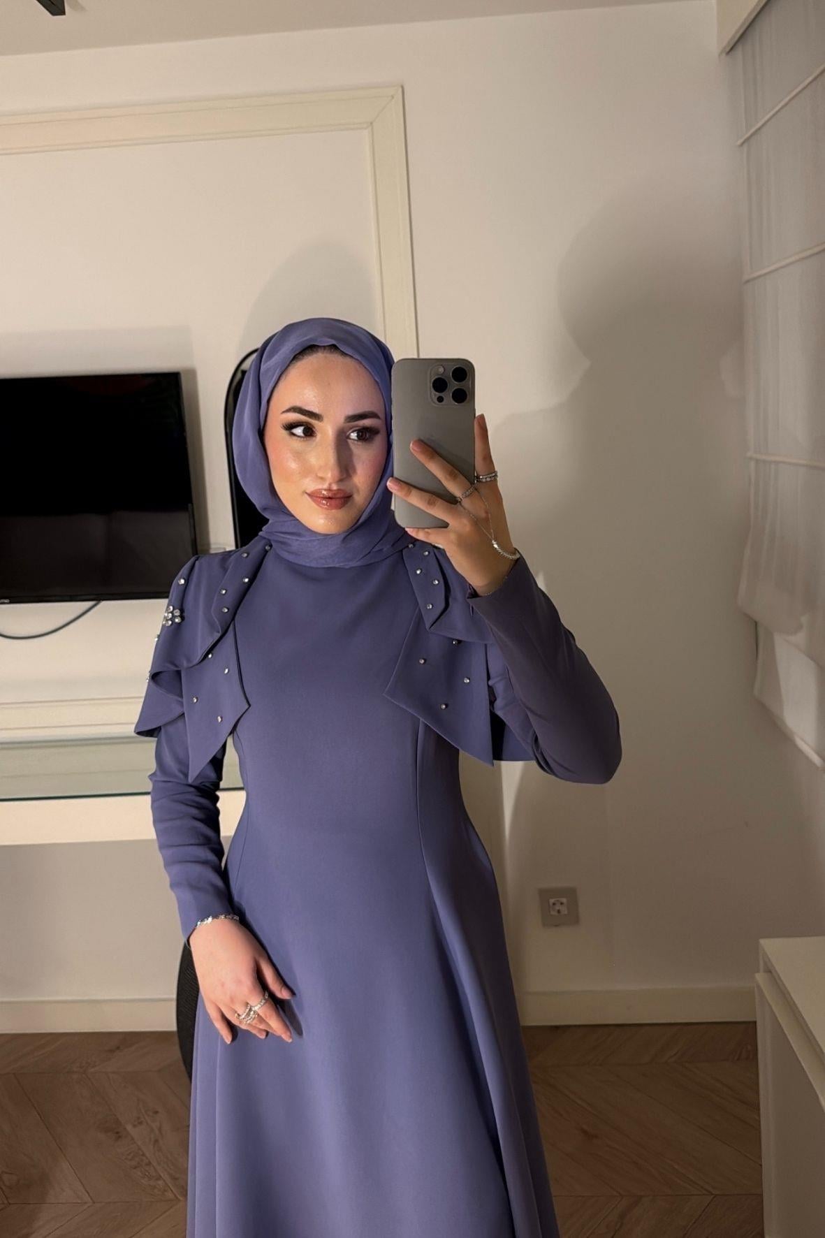 Mavera Taşlı Premium Elbise-Lila