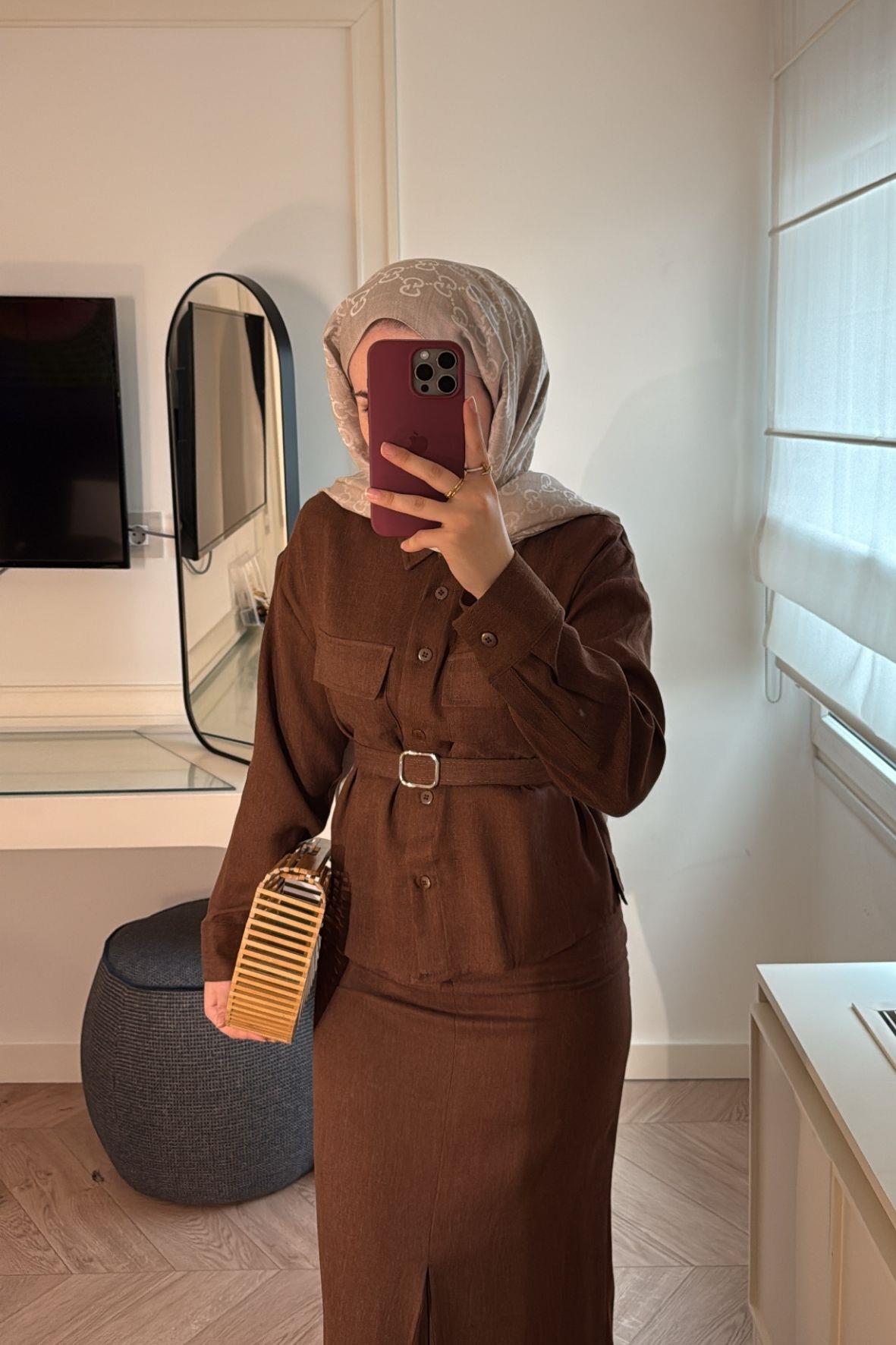 Modal Kumaş Etekli Takım-Acı Kahve