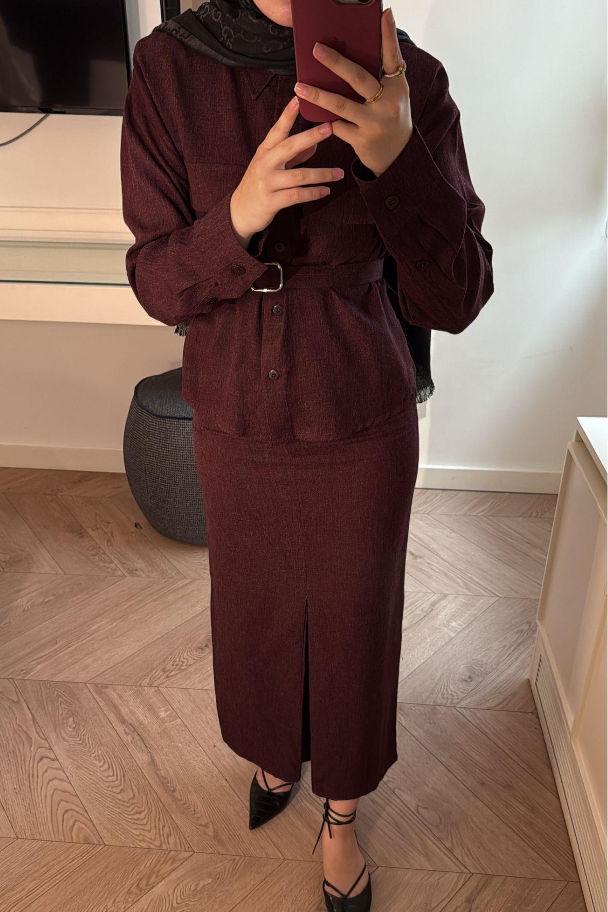 Modal Kumaş Etekli Takım-Bordo