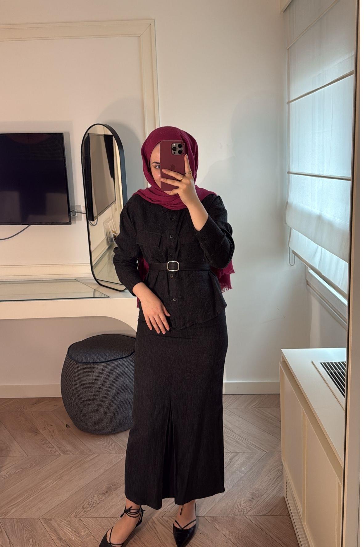 Modal Kumaş Etekli Takım-Füme