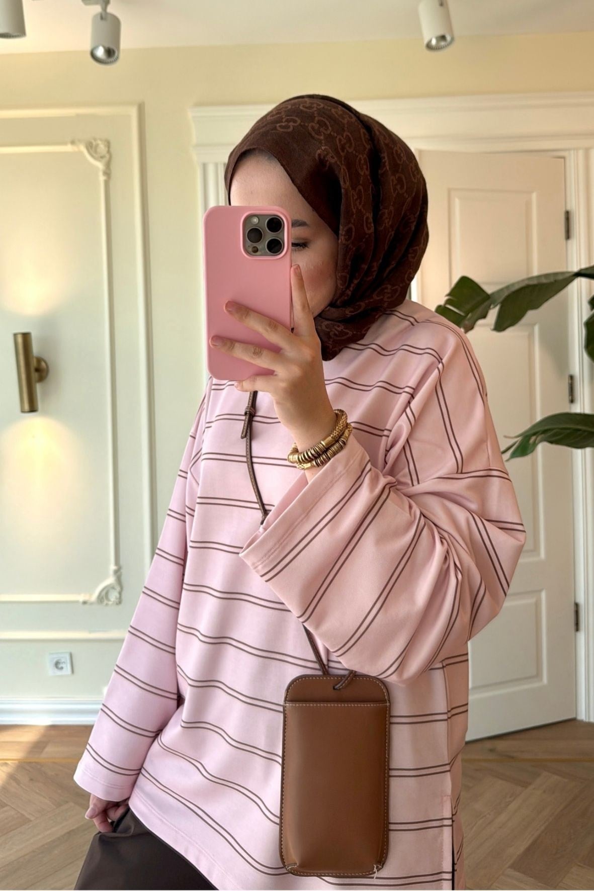 Nevra Çizgili Basic Sweatshirt-Pembe