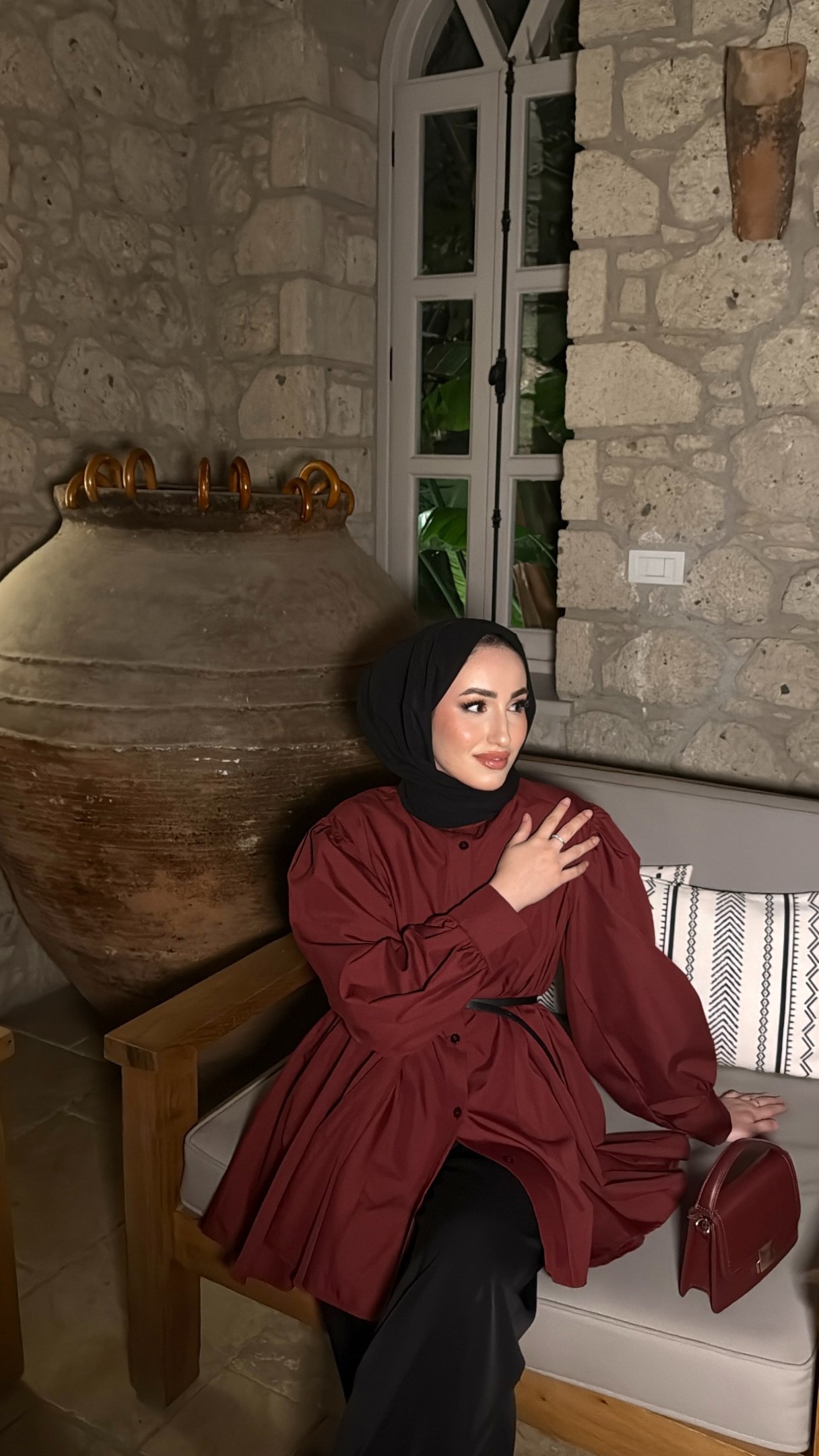 Pile Detaylı Tasarım Balon Kol Gömlek - Bordo