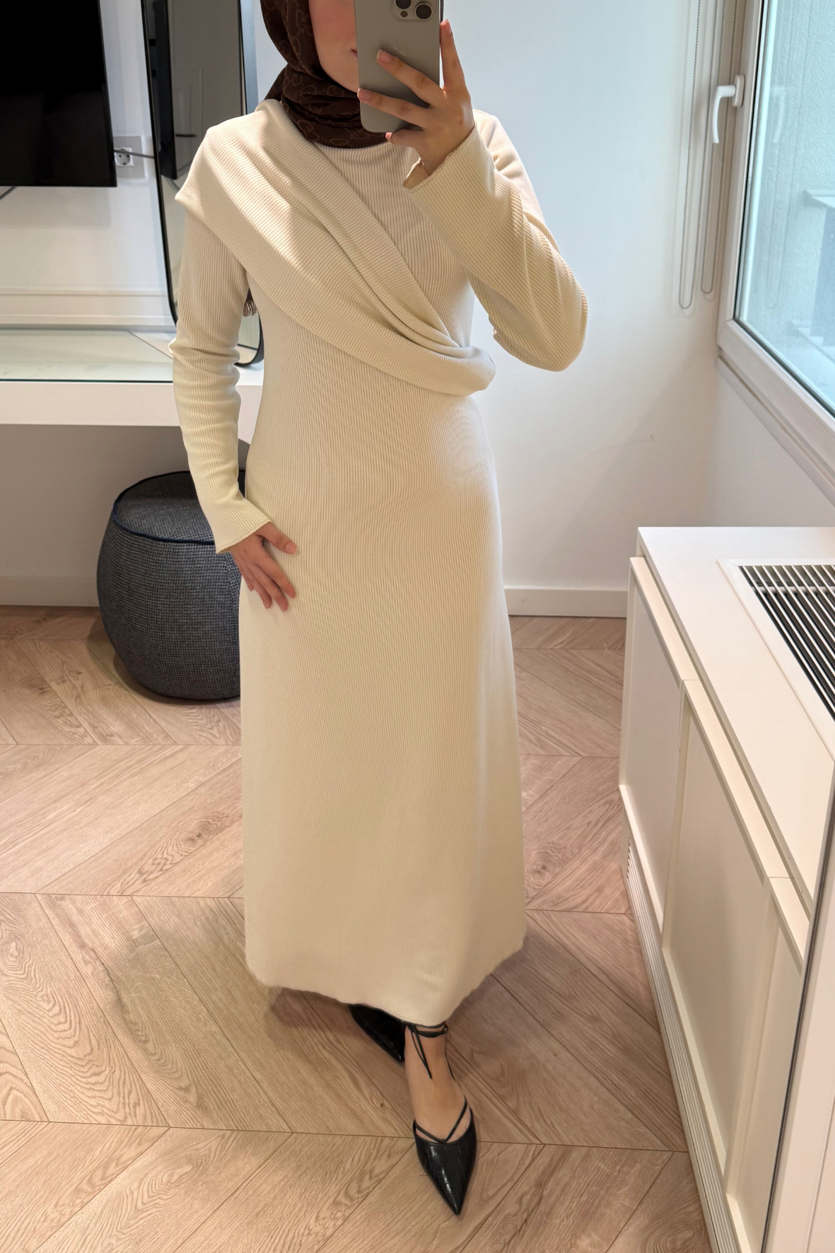 Premium Pelerin Triko Elbise- Bej