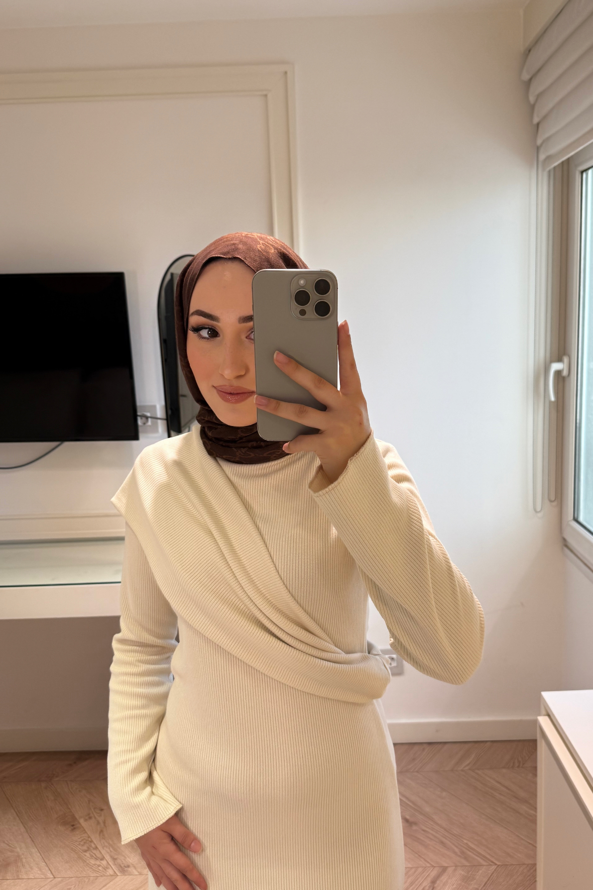 Premium Pelerin Triko Elbise- Bej