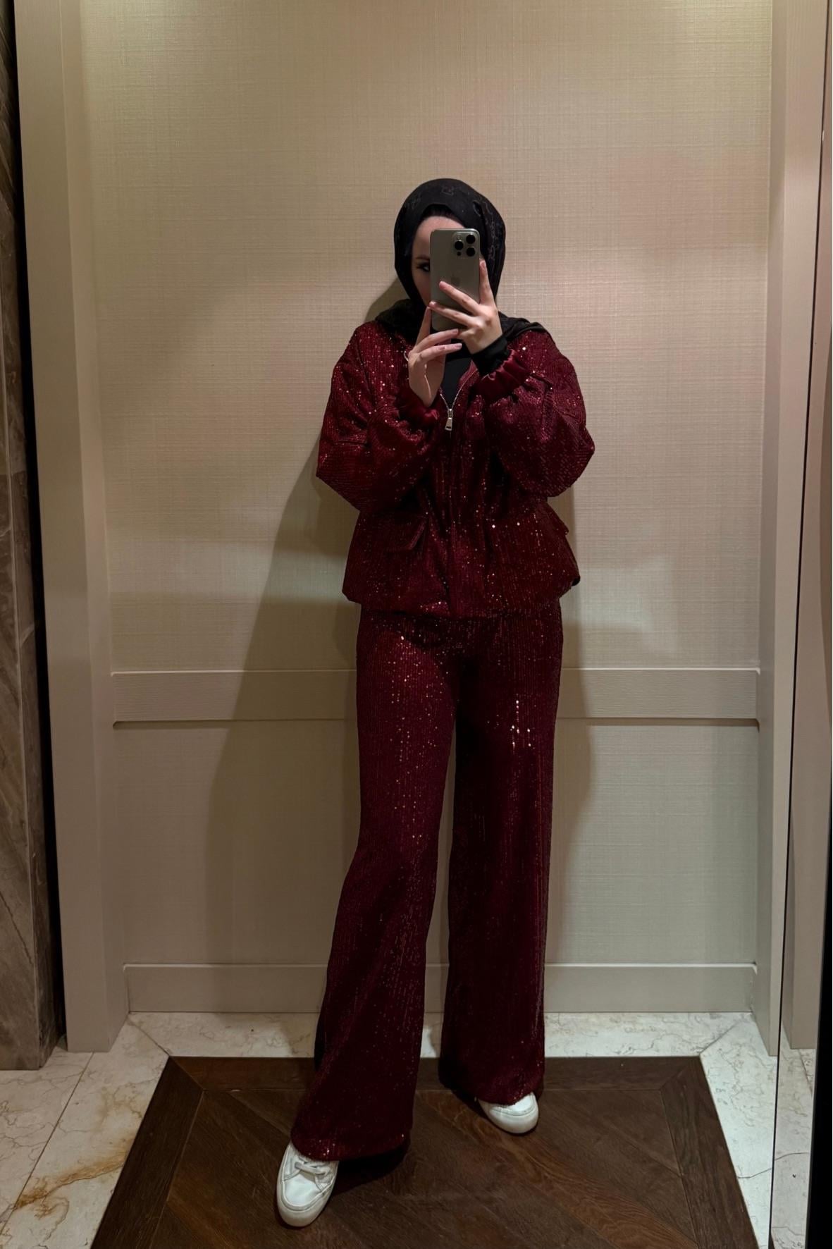 Pul Payetli Palazzo Kesim Bloom Pantolon Bordo