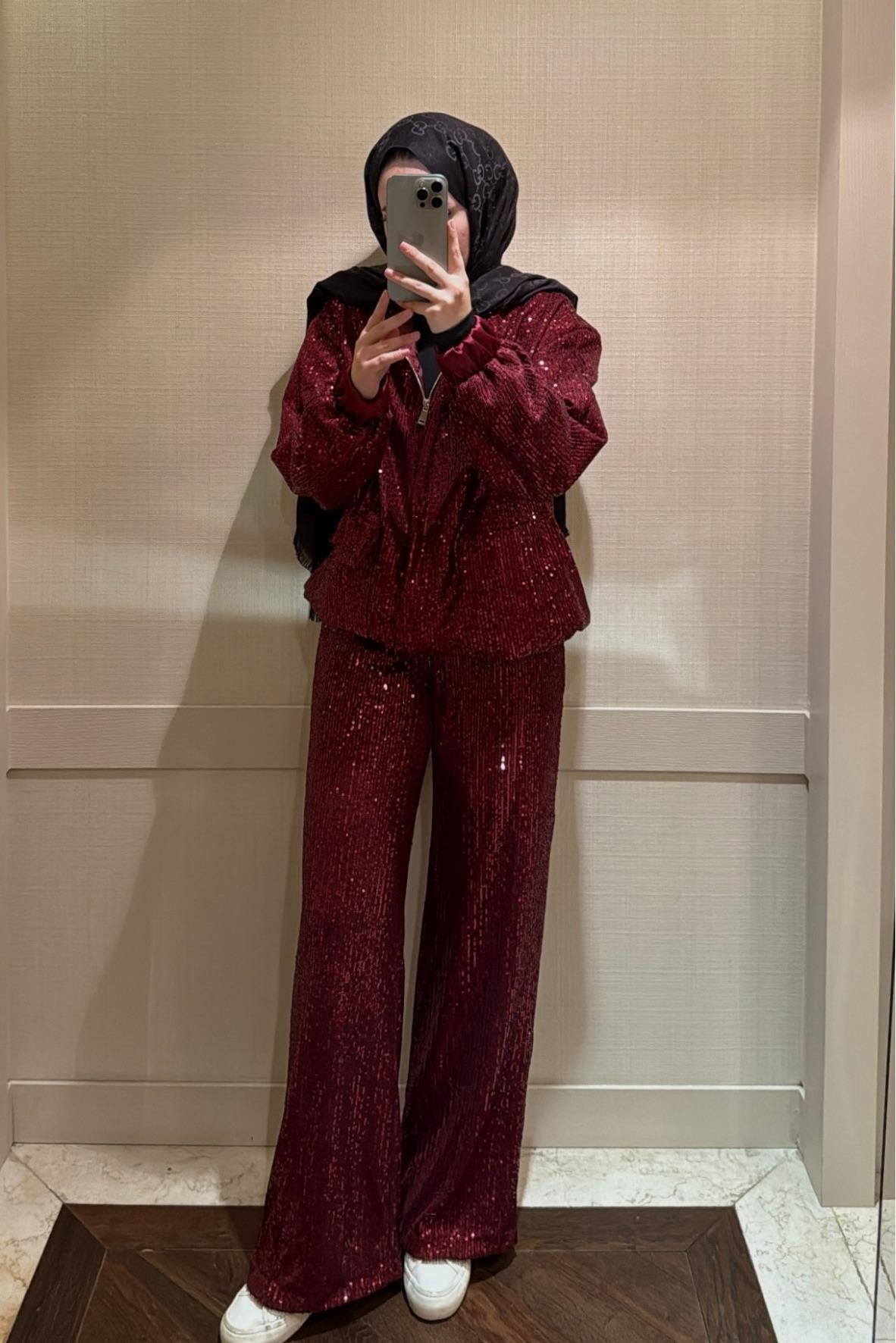 Pul Payetli Palazzo Kesim Bloom Pantolon Bordo