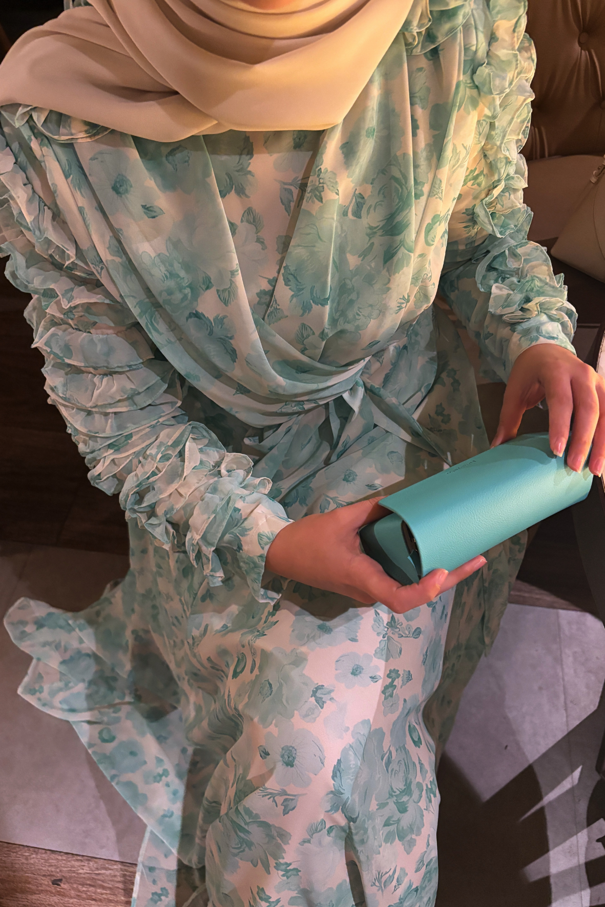 Rewa Kolu Fırfırlı Çiçekli Şifon Elbise - Mint Yeşili