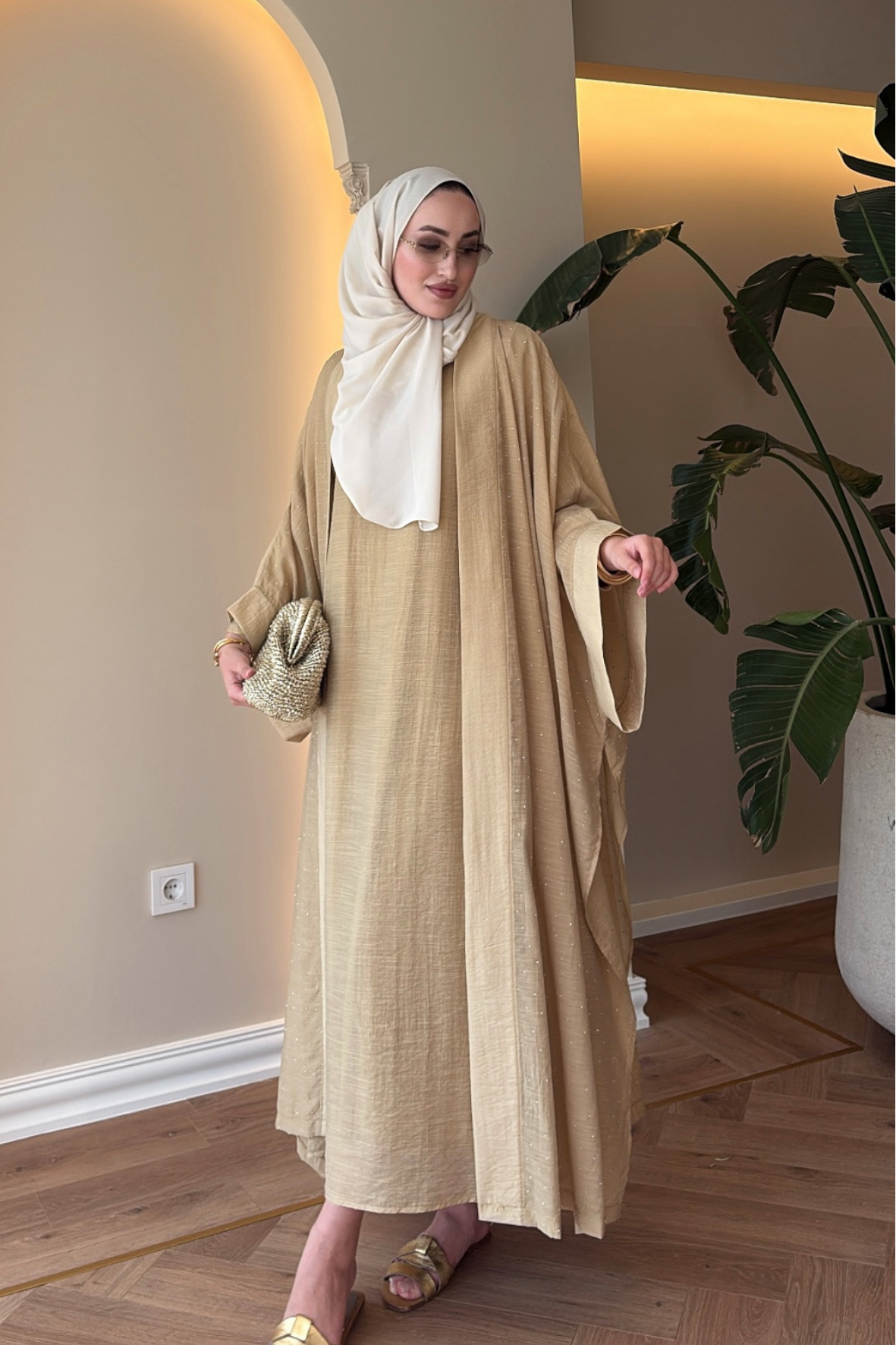 Royal Taşlı Abaya Takım - Çağla