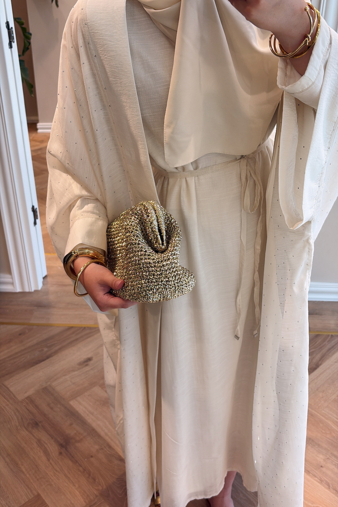 Royal Taşlı Abaya Takım - Ekru