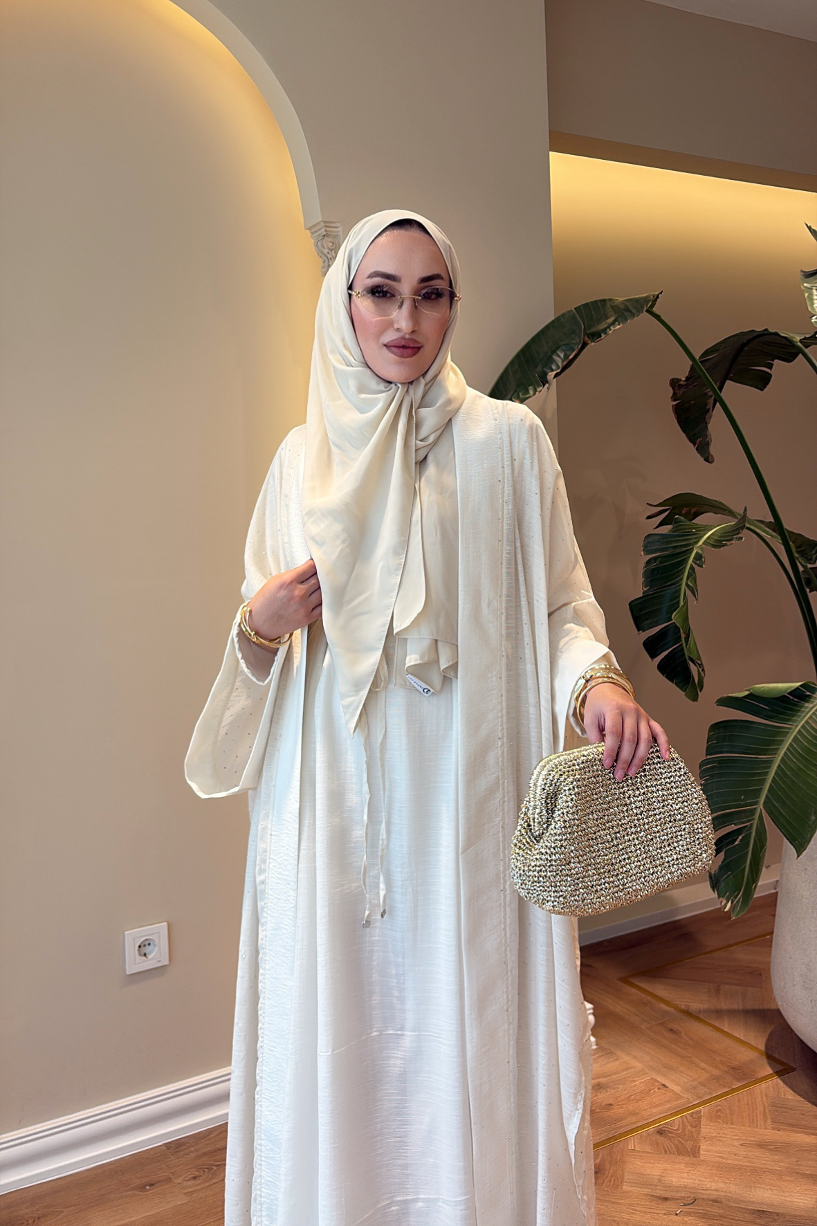 Royal Taşlı Abaya Takım - Ekru