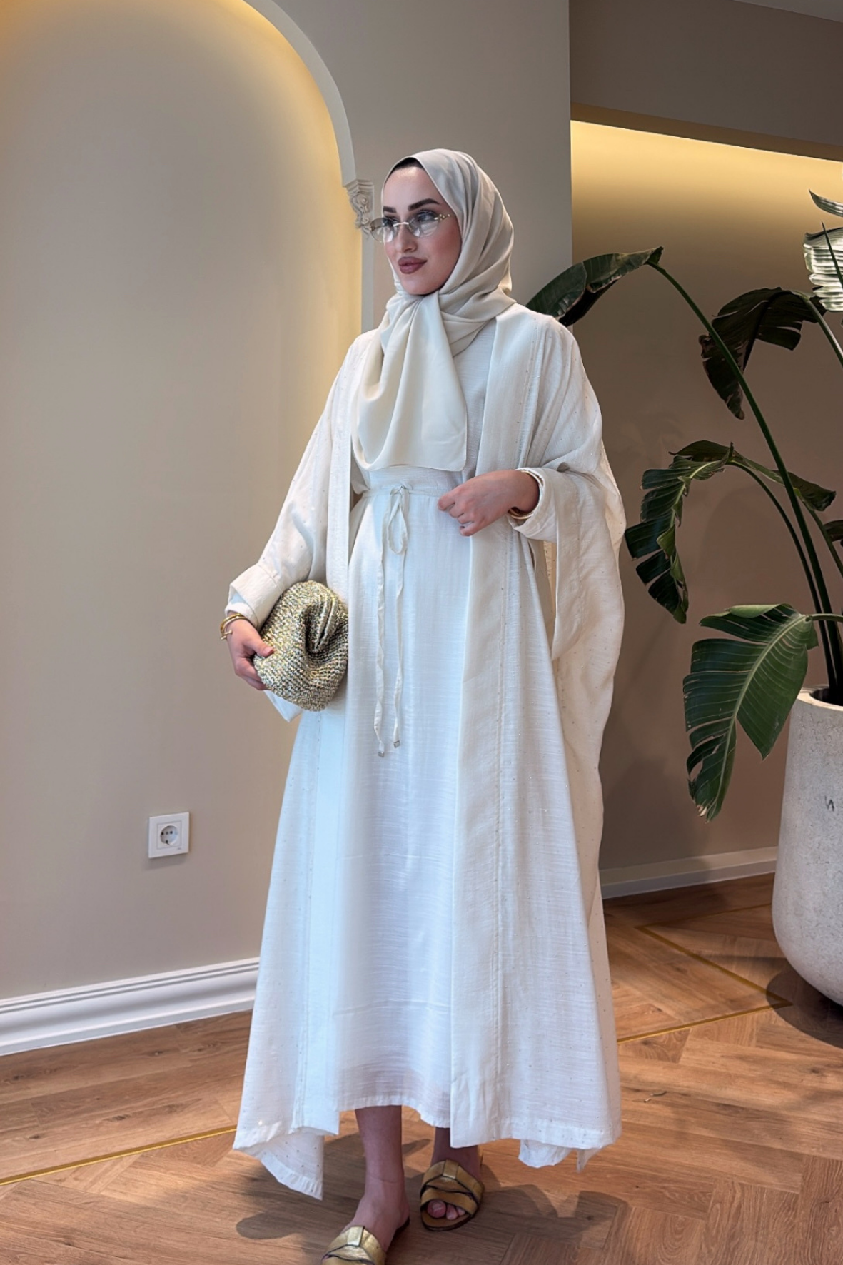 Royal Taşlı Abaya Takım - Ekru