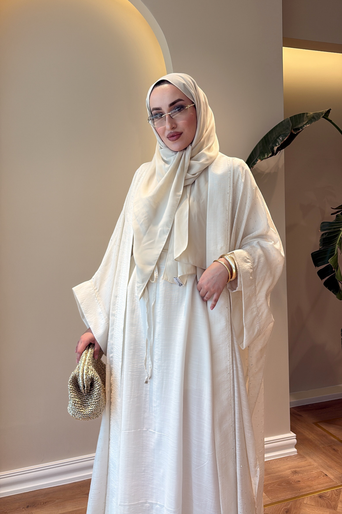 Royal Taşlı Abaya Takım - Ekru