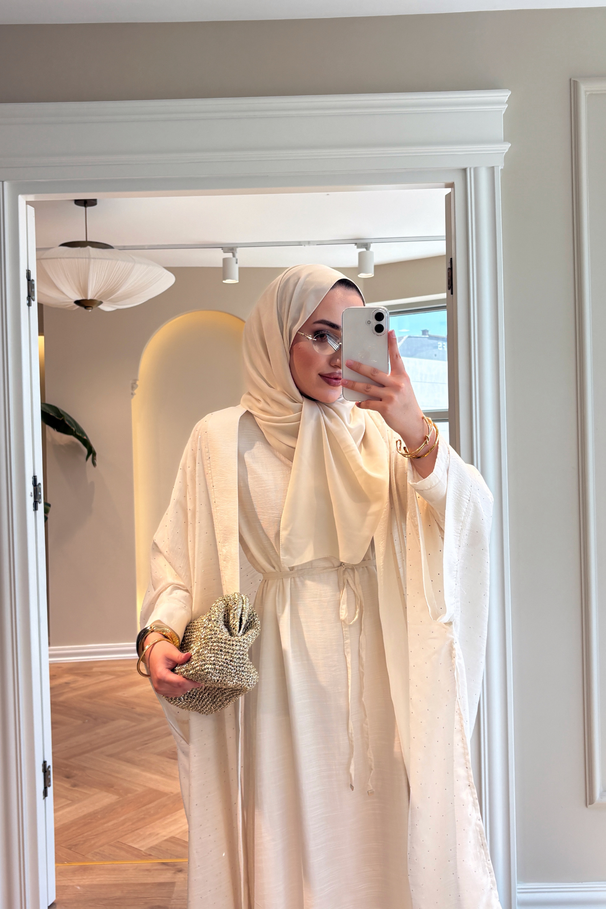 Royal Taşlı Abaya Takım - Ekru