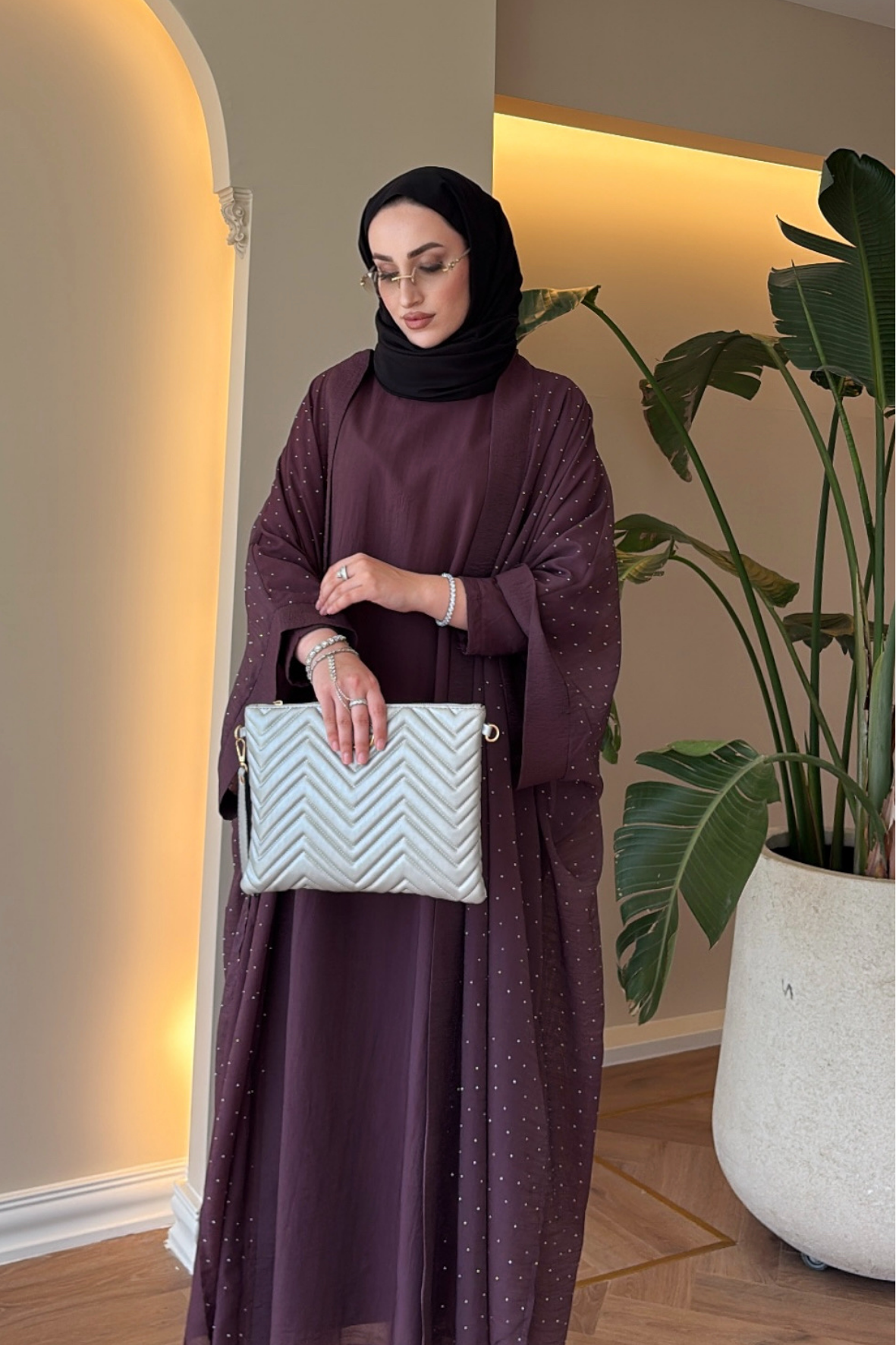 Royal Taşlı Abaya Takım - Mürdüm