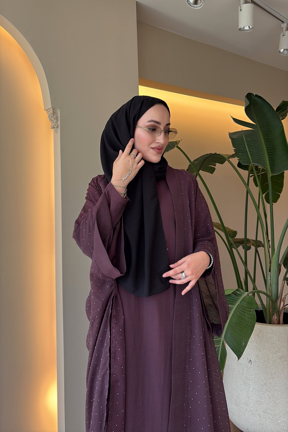 Royal Taşlı Abaya Takım - Mürdüm
