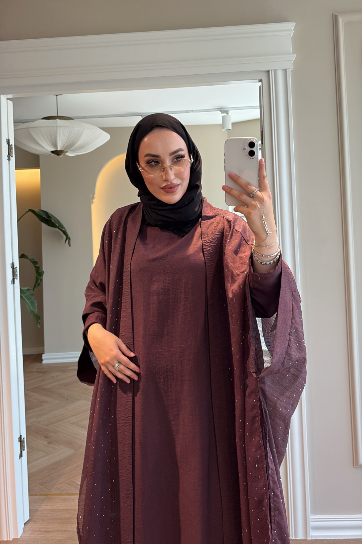 Royal Taşlı Abaya Takım - Mürdüm