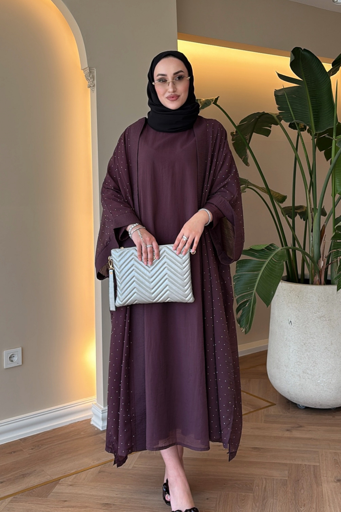 Royal Taşlı Abaya Takım - Mürdüm