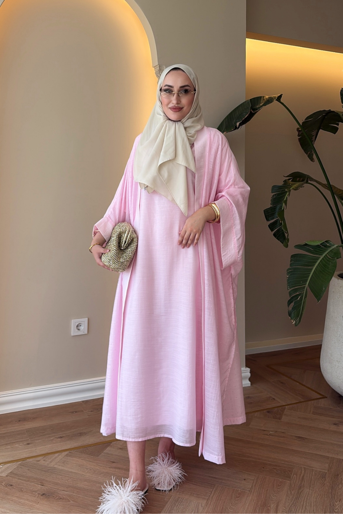 Royal Taşlı Abaya Takım - Pembe