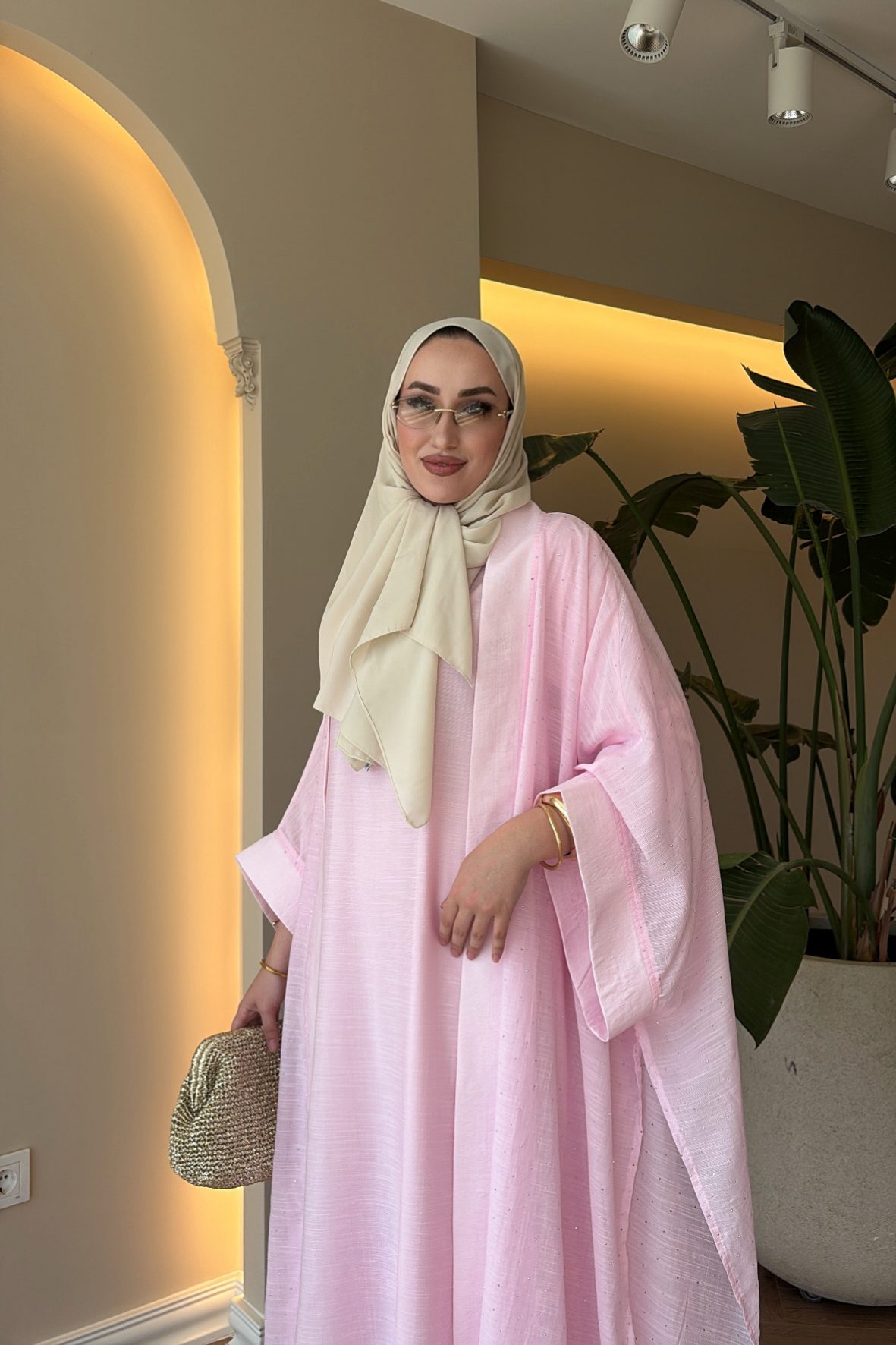 Royal Taşlı Abaya Takım - Pembe