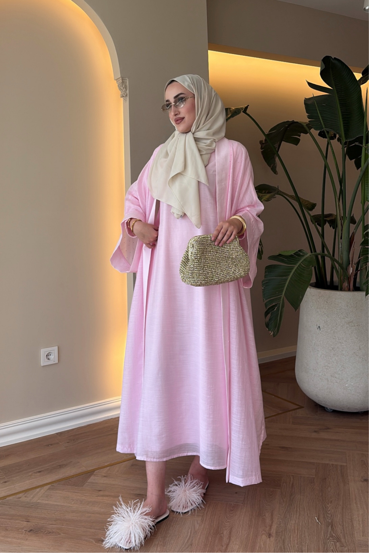 Royal Taşlı Abaya Takım - Pembe