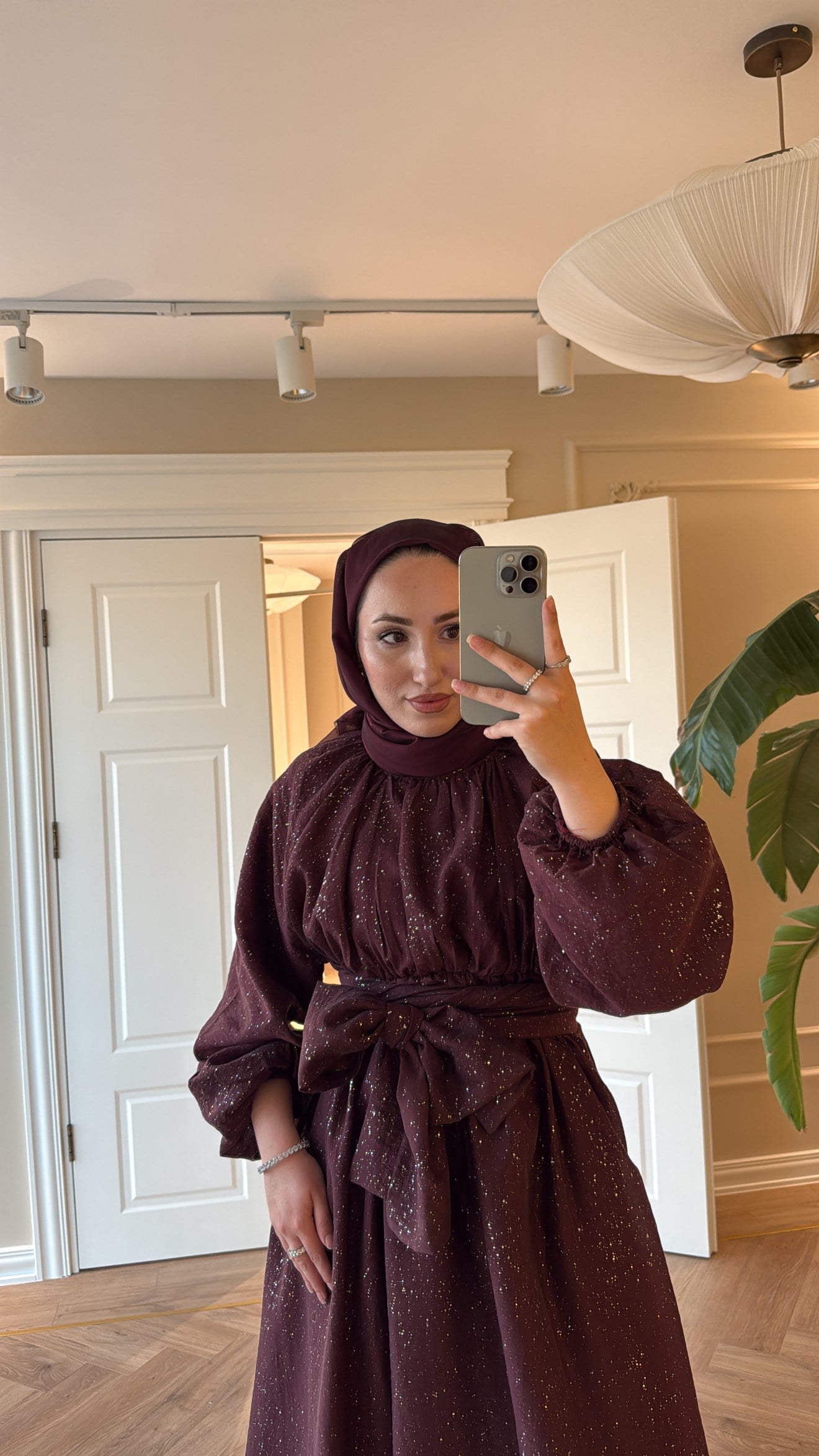Simli Tül Tencel Elbise Bordo