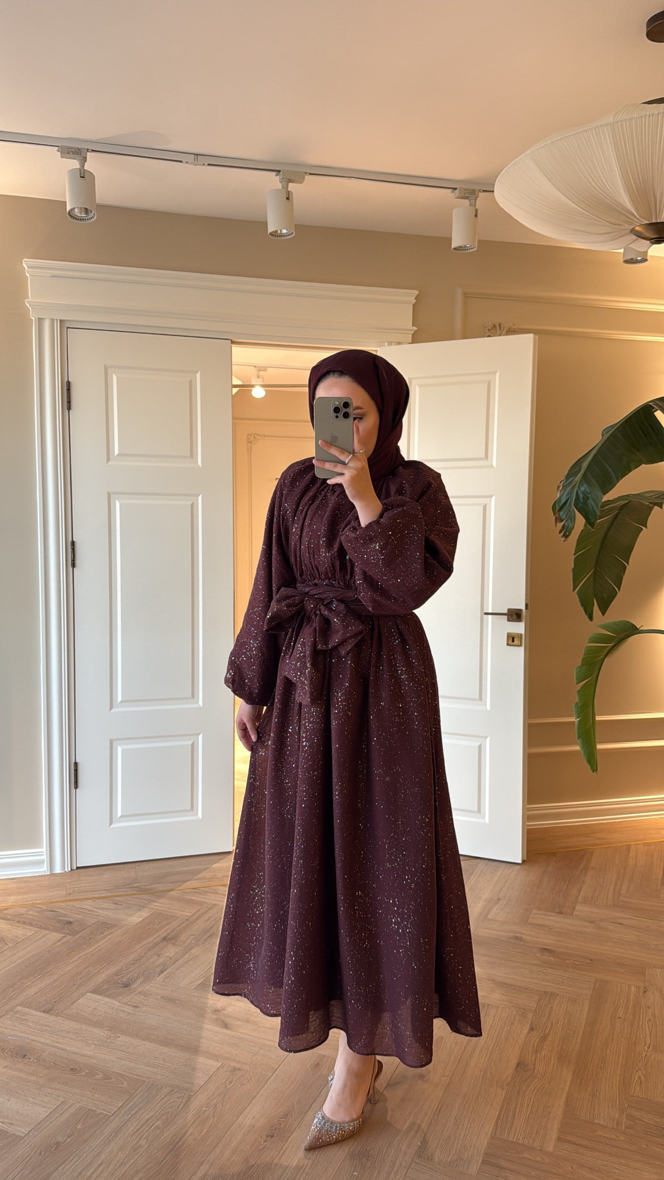Simli Tül Tencel Elbise Bordo
