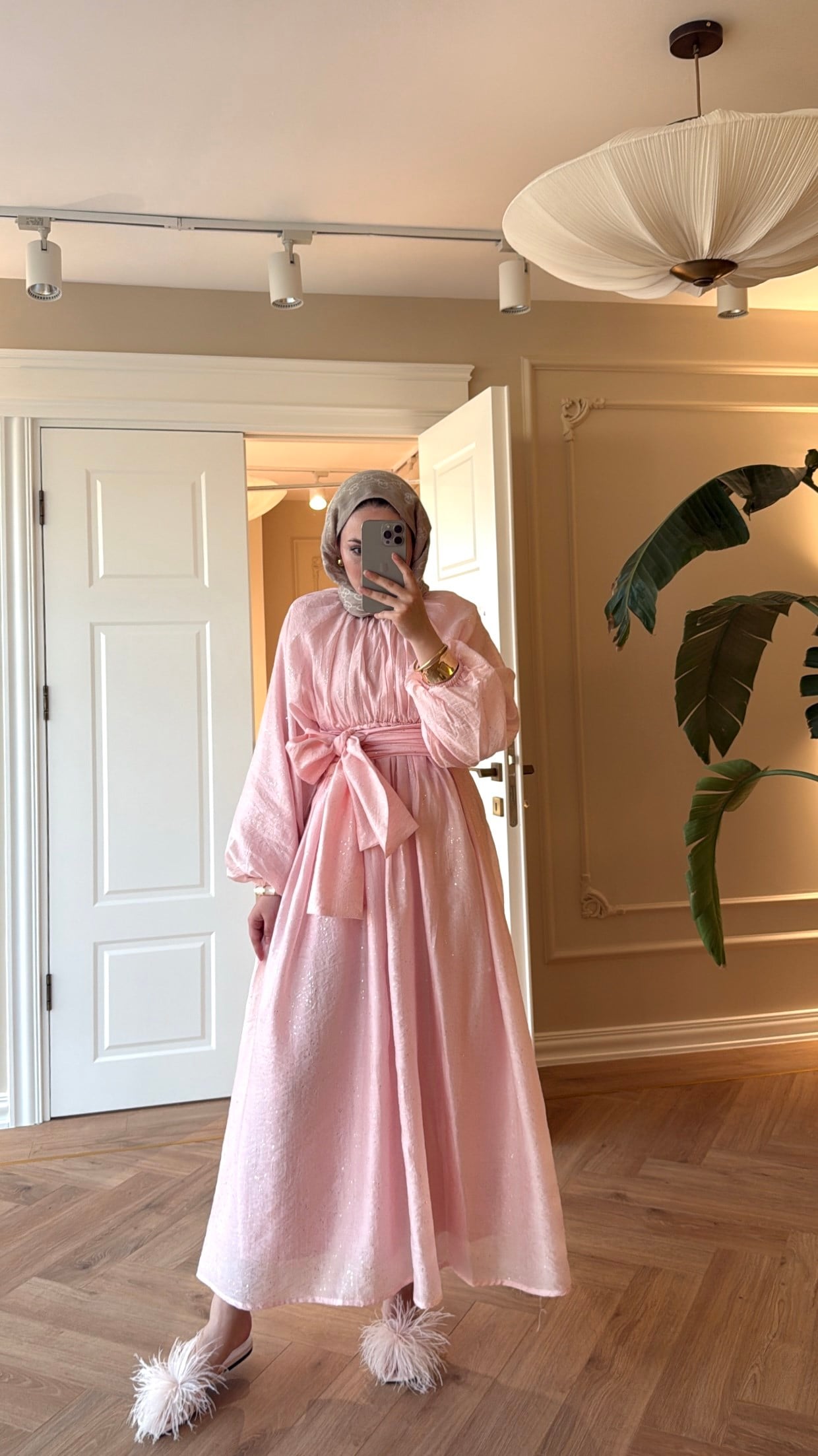 Simli Tül Tencel Elbise Pembe 