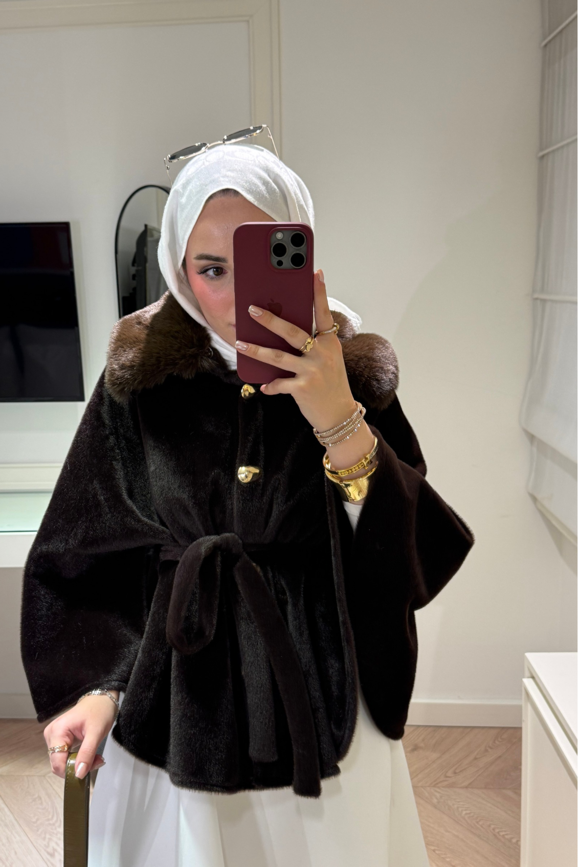 Suzana Yakası Kürklü Panço-Acı kahve