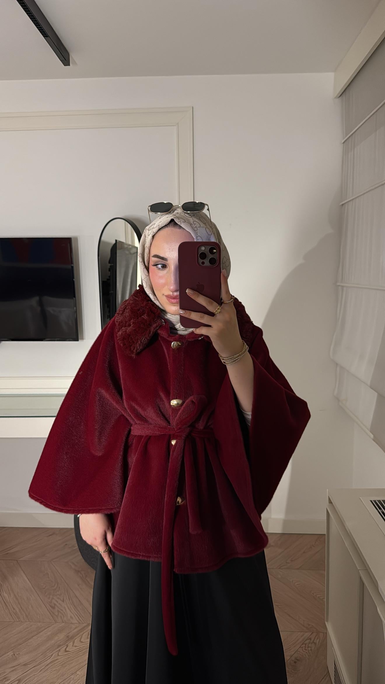 Suzana Yakası Kürklü Panço-Bordo