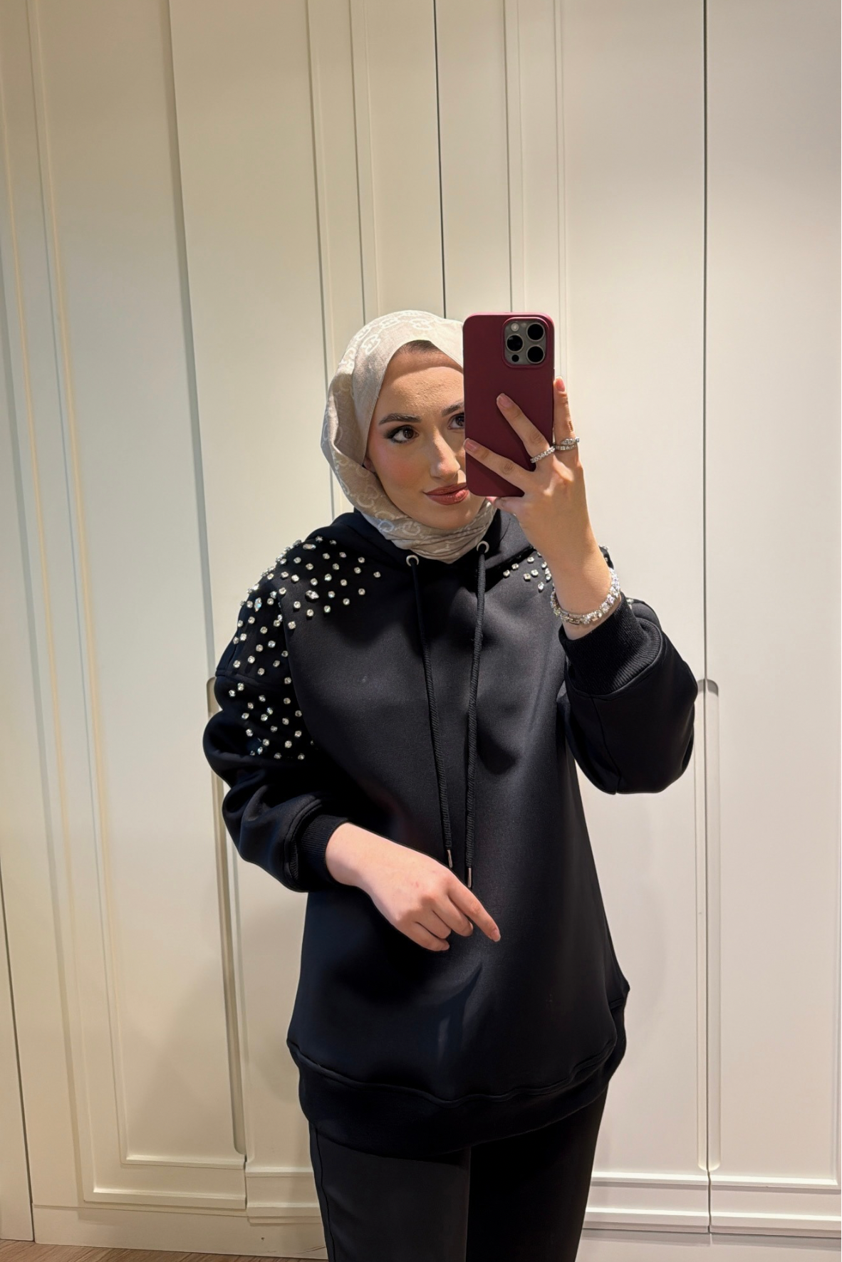 Taş Detaylı Kapişonlu Mabel Scuba Sweat Siyah