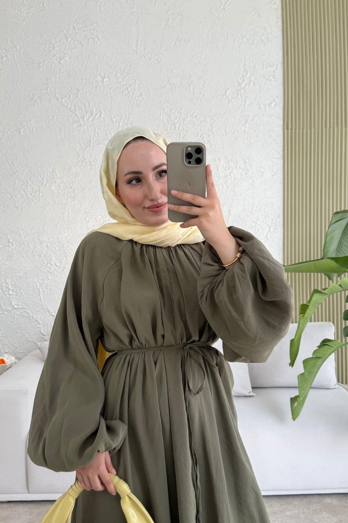 Tesettür Balon Kol Premium Elbise -haki