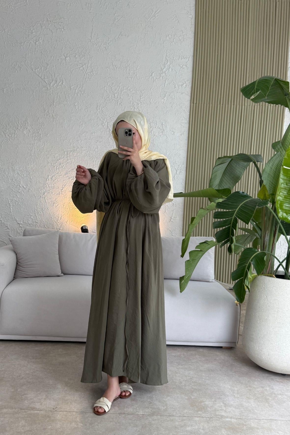 Tesettür Balon Kol Premium Elbise -haki