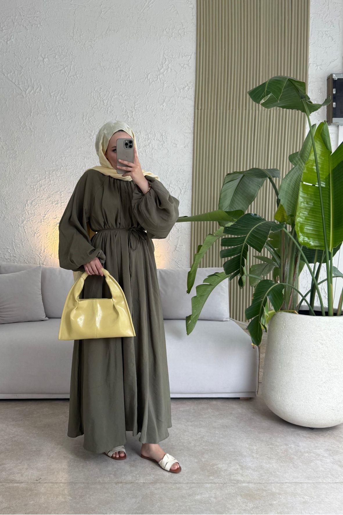 Tesettür Balon Kol Premium Elbise -haki