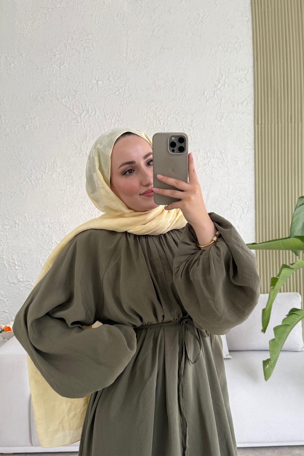 Tesettür Balon Kol Premium Elbise -haki