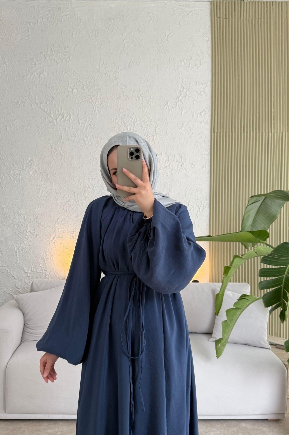 Tesettür Balon Kol Premium Elbise -lacivert