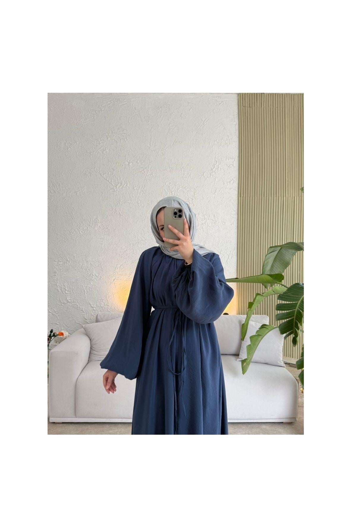 Tesettür Balon Kol Premium Elbise -lacivert