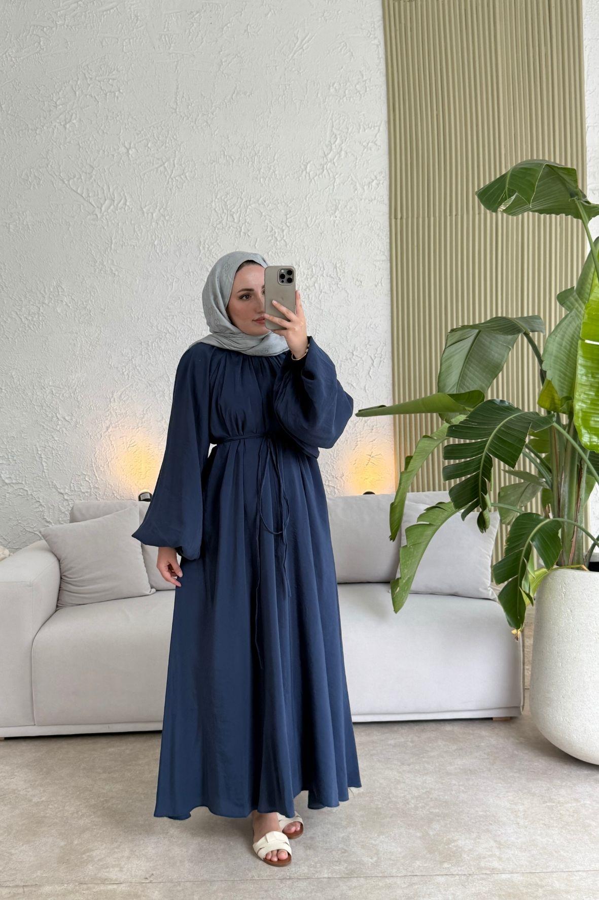 Tesettür Balon Kol Premium Elbise -lacivert