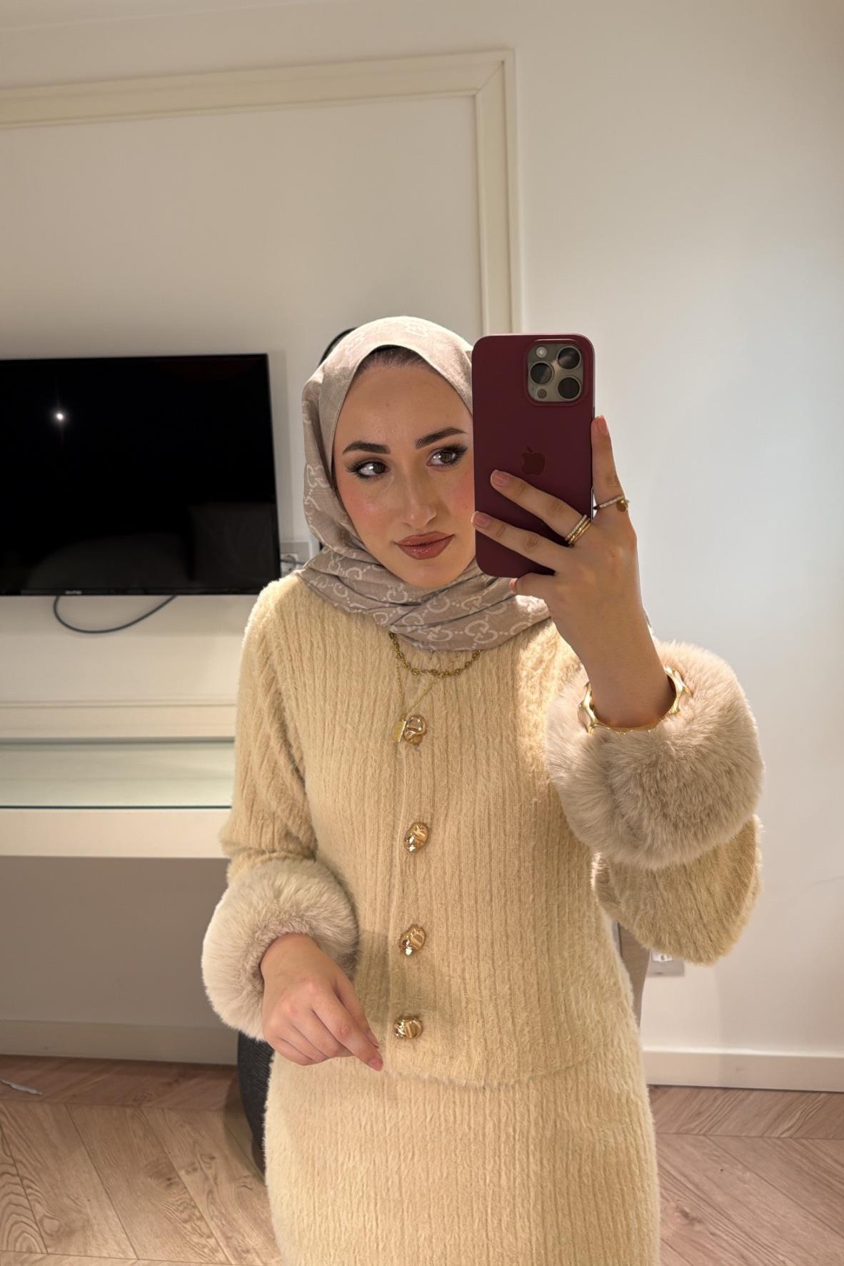 Triko Detay Kürklü Takım - Bej