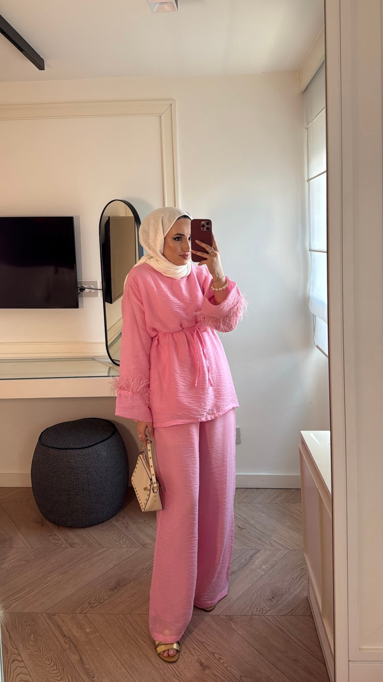Tüy Detaylı Organze Takım - Pembe