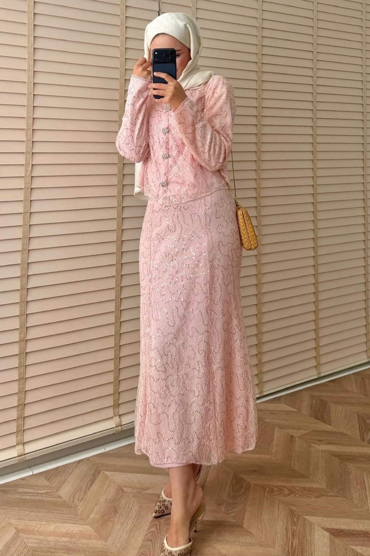 Umay İthal Dantelli Etekli Takım - Pembe